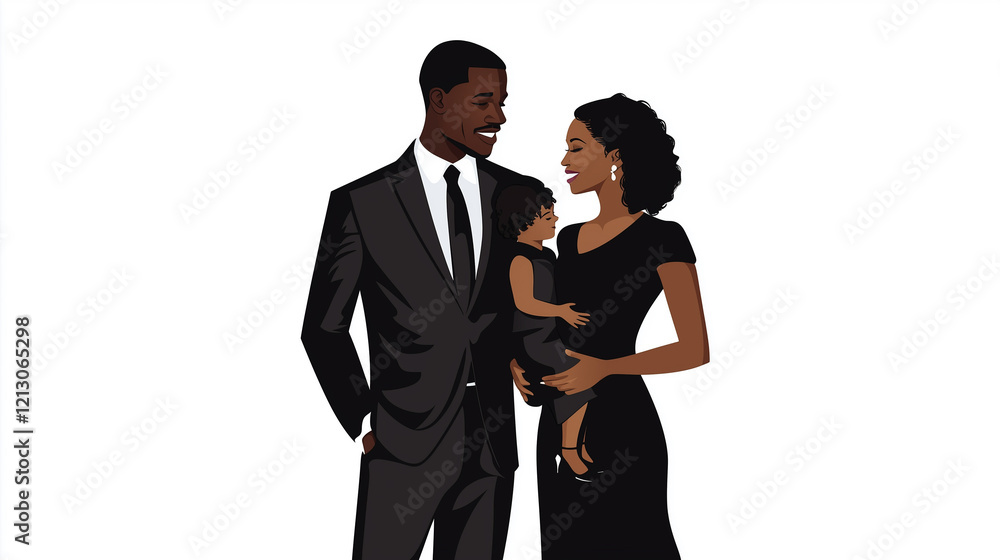 Illustration, ,flat design, only a happy african american family with father mother and child, isolated on white. Togetherness theme. Black family close together, love between partners and child. Illustration, ,flat design, only a happy african american family with father mother and child, isolated on white. Togetherness theme. Black family close together, love between partners and child.