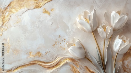 Elegant white tulips arranged artistically against a textured gold and cream background, perfect for spring decor