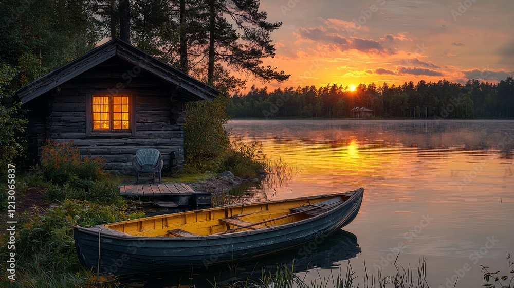 Obraz premium A tranquil forest setting frames a lakeside cabin at sunrise, with a canoe nearby for a digital detox experience