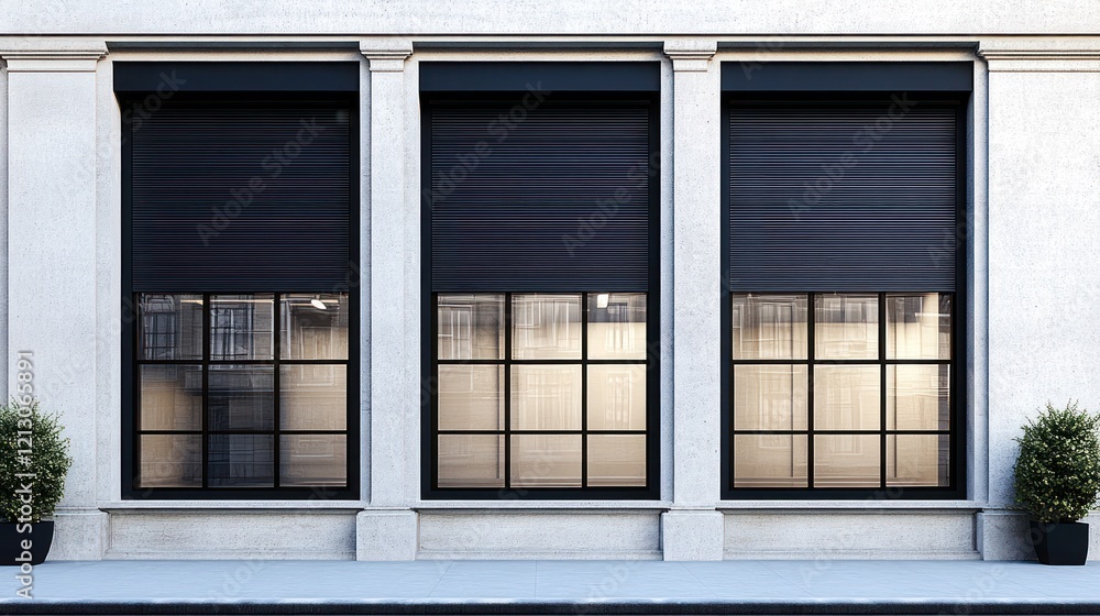 Fototapeta premium Modern building facade with three large black roll-up security shutters, providing enhanced security and style to the urban architecture.