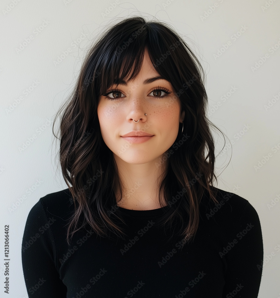 Young Woman with Wavy Hair and Black Sweater, Headshot portrait, Wolf Hair Cut, Black Hair, Young Woman with Wavy Hair and Black Sweater, Headshot portrait, Wolf Hair Cut, Black Hair,