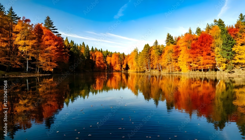 Obraz premium Colorful autumn landscape with a calm lake surrounded by red, orange, and yellow leaves