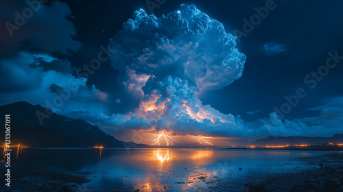 Lightning storm illuminating mountain lake at night with dramatic thundercloud formation, creating natural light show over calm waters