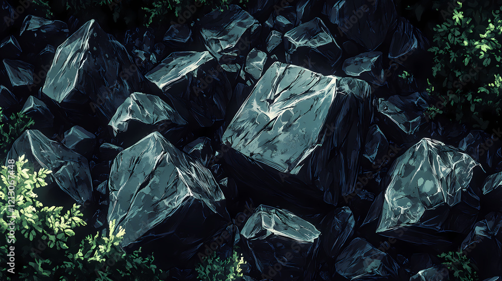 Ai generative obsidian rock chunks. Obsidian Forest. Illustration