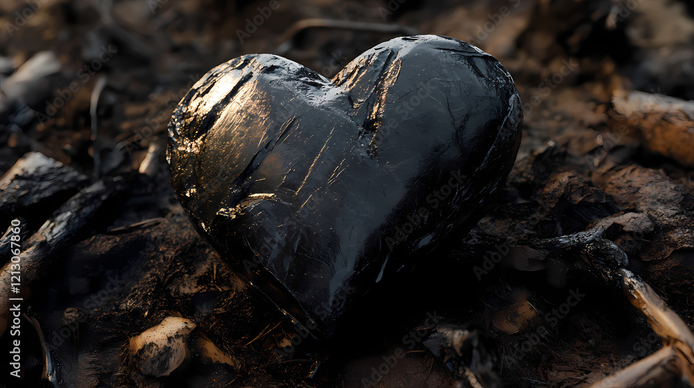 Fototapeta premium Black obsidian heart represents grief and love on burnt forest floor. Obsidian Forest. Illustration