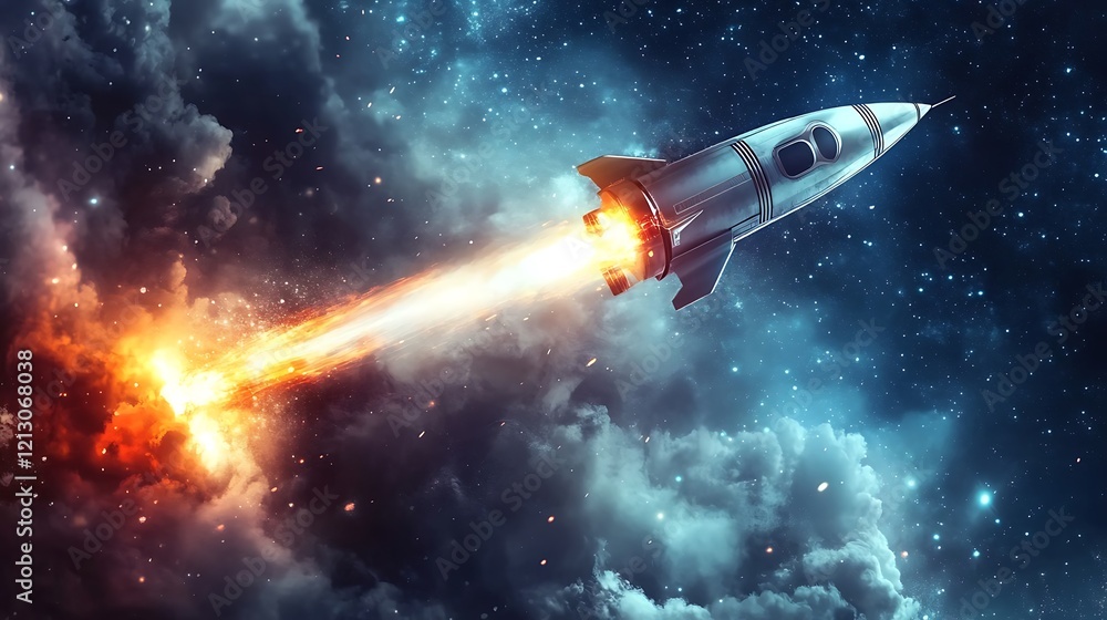 Rocket blasting out of a futuristic laptop design symbolizing innovation Rocket blasting out of a futuristic laptop design symbolizing innovation