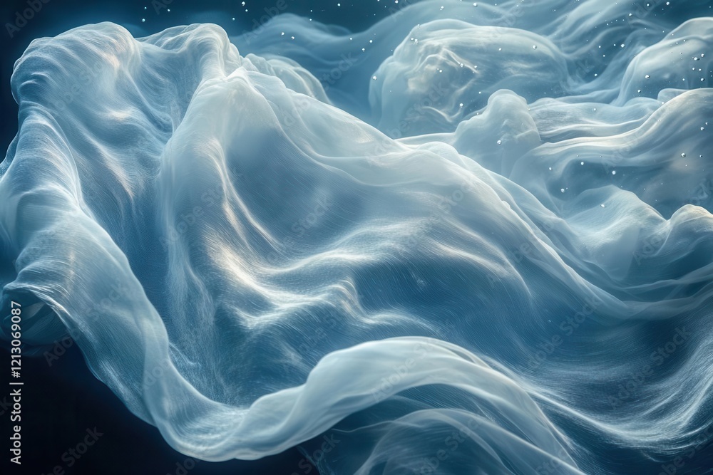 Obraz premium floating fabric in ethereal blue water bubbles dancing around flowing textiles soft underwater lighting creates dreamy atmosphere