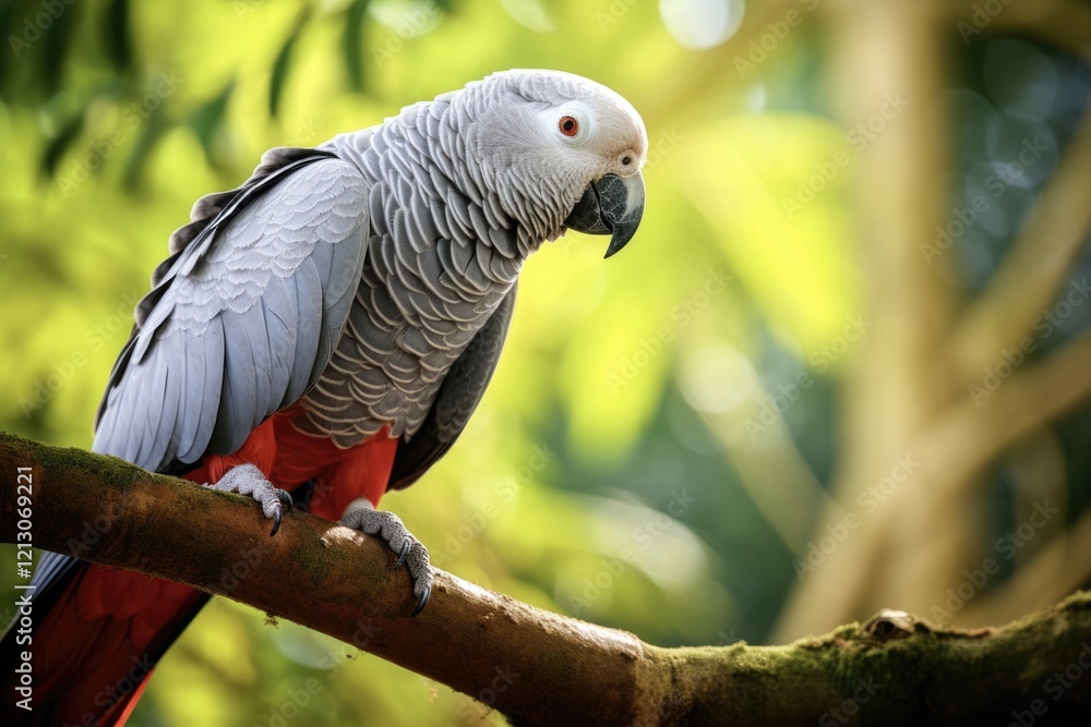 Obraz premium African Gray Parrot with Imitating Skills. Exquisite Bird with Tropical Red Feather and White View