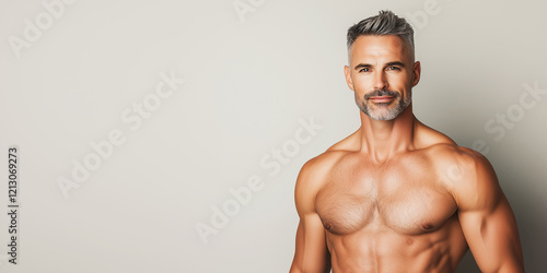 Fabulous at any age. Portrait of charismatic muscular 50 years old man standing over light gray background. Perfect haircut and body. Copy-space. Studio shot