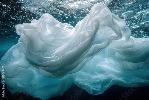 Obraz na płótnie floating fabric in ethereal blue water bubbles dancing around flowing textiles soft underwater lighting creates dreamy atmosphere w salonie