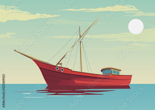 Traditional wooden Sail Boat - Dhow Boat - Stock Illustration