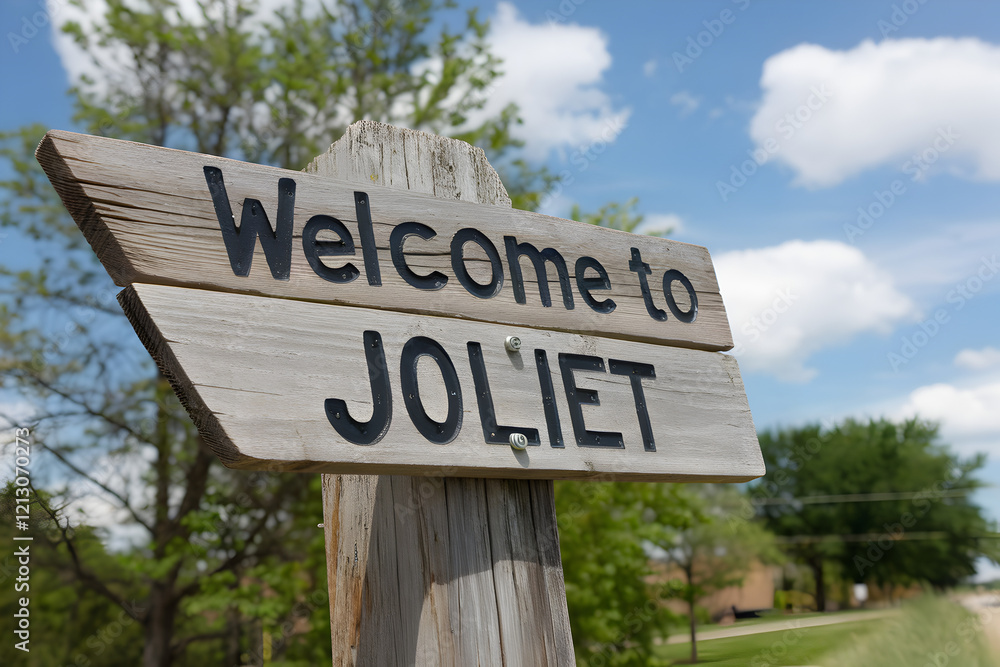 Welcome to Joliet Illinois Sign with Rustic Wooden Design and Vintage Typography, Midwest USA Travel Destination Landmark Welcome to Joliet Illinois Sign with Rustic Wooden Design and Vintage Typography, Midwest USA Travel Destination Landmark