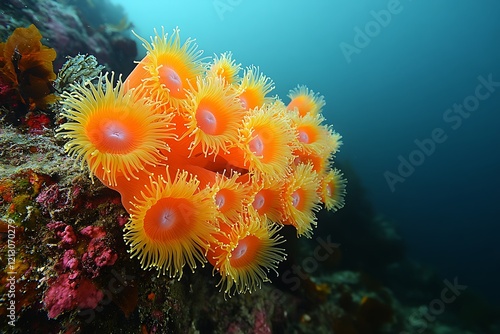 Vibrant Orange Sea Anemones Cluster on Ocean Rock photo