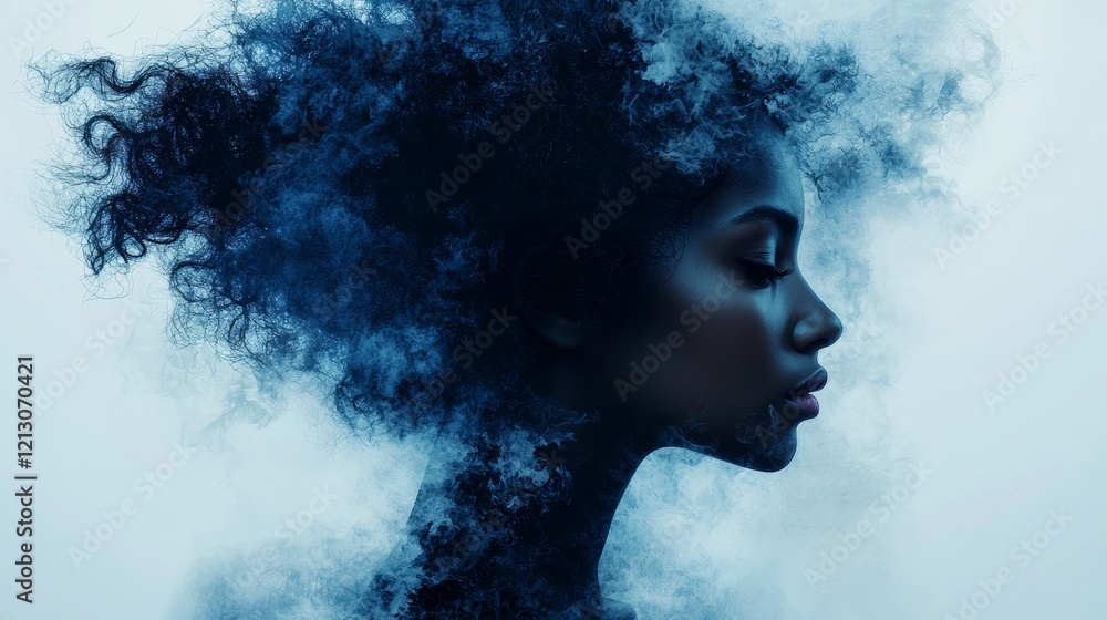 An abstract depiction of a woman's face conveying feelings of depression, anxiety, illness, or sadness, set against a blank space background An abstract depiction of a woman's face conveying feelings of depression, anxiety, illness, or sadness, set against a blank space background