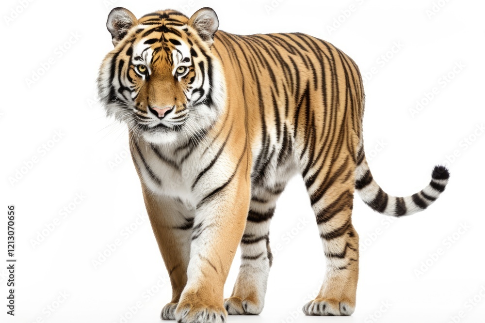 Obraz premium Striking Tiger Isolated on White Background - Captivating Beauty of a Young Bengal Beast from Asia and Africa
