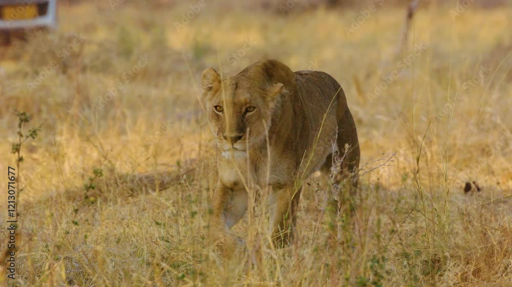 A lion walking towards the camera in Moremi Game Reserve of Botswana of southern Africa. A lion walking towards the camera in Moremi Game Reserve of Botswana of southern Africa.