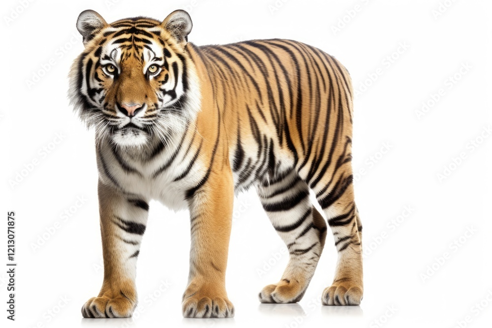 Fototapeta premium Tiger Isolated on White Background. Beautiful Bengal Beast from Asia with Fiery Anger