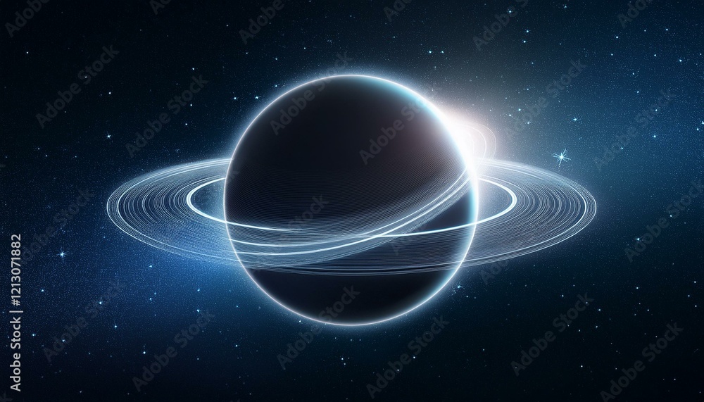 Obraz premium 깊은 우주 속에서 빛나는 고리 형태의 행성, 행성 주위에 떠다니는 작은 별들이 강조된 장면