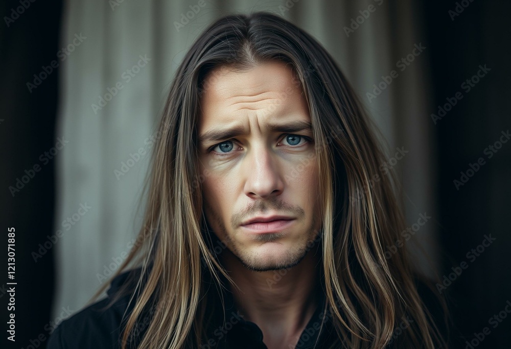 Portrait of a man with long hair and thoughtful expression Portrait of a man with long hair and thoughtful expression