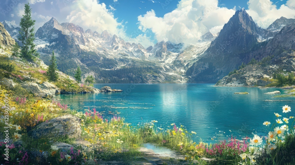 Obraz premium A Serene Lake Surrounded by Majestic Mountains and Blooming Wildflowers Under a Clear Sky