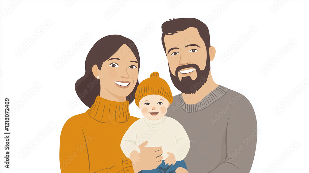 Illustration, ,flat design, only a happy caucasian american family with father mother and child, isolated on white. Togetherness theme. Family close together, love between partners and child. Illustration, ,flat design, only a happy caucasian american family with father mother and child, isolated on white. Togetherness theme. Family close together, love between partners and child.