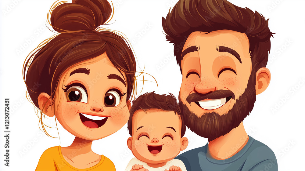 Illustration, ,flat design, only a happy caucasian american family with father mother and child, isolated on white. Togetherness theme. Family close together, love between partners and child. Illustration, ,flat design, only a happy caucasian american family with father mother and child, isolated on white. Togetherness theme. Family close together, love between partners and child.