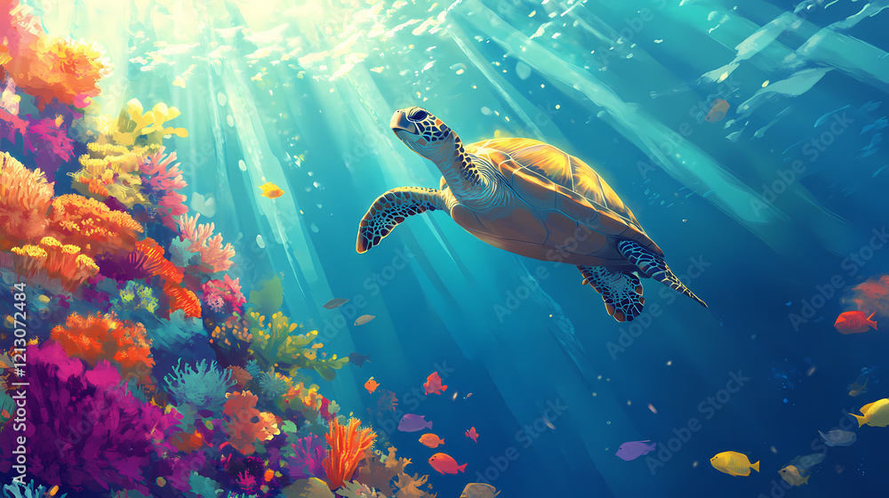 Fototapeta premium Sea turtle swims over a vibrant coral reef with colorful fish and a beam of sunlight. Radiant Reef. Illustration