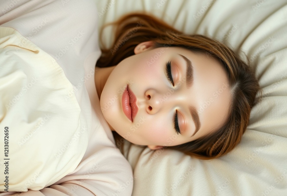 Sleeping female person, peaceful expression, soft bed, subtle pattern Sleeping female person, peaceful expression, soft bed, subtle pattern