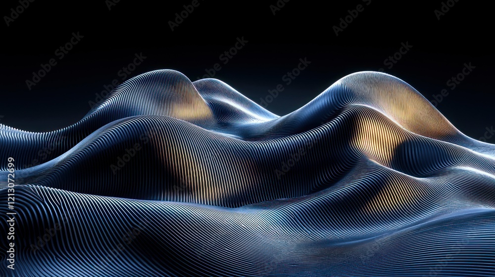 Naklejka premium Abstract metallic landscape with flowing lines on dark background.