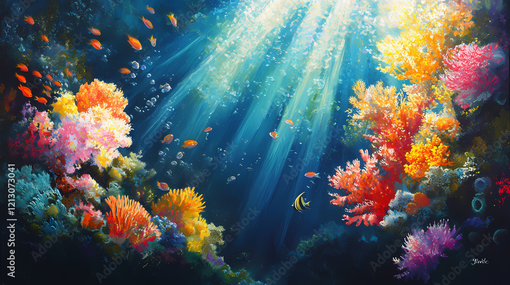 Sunbeams illuminate deep ocean, coral reef below. Radiant Reef. Illustration Sunbeams illuminate deep ocean, coral reef below. Radiant Reef. Illustration