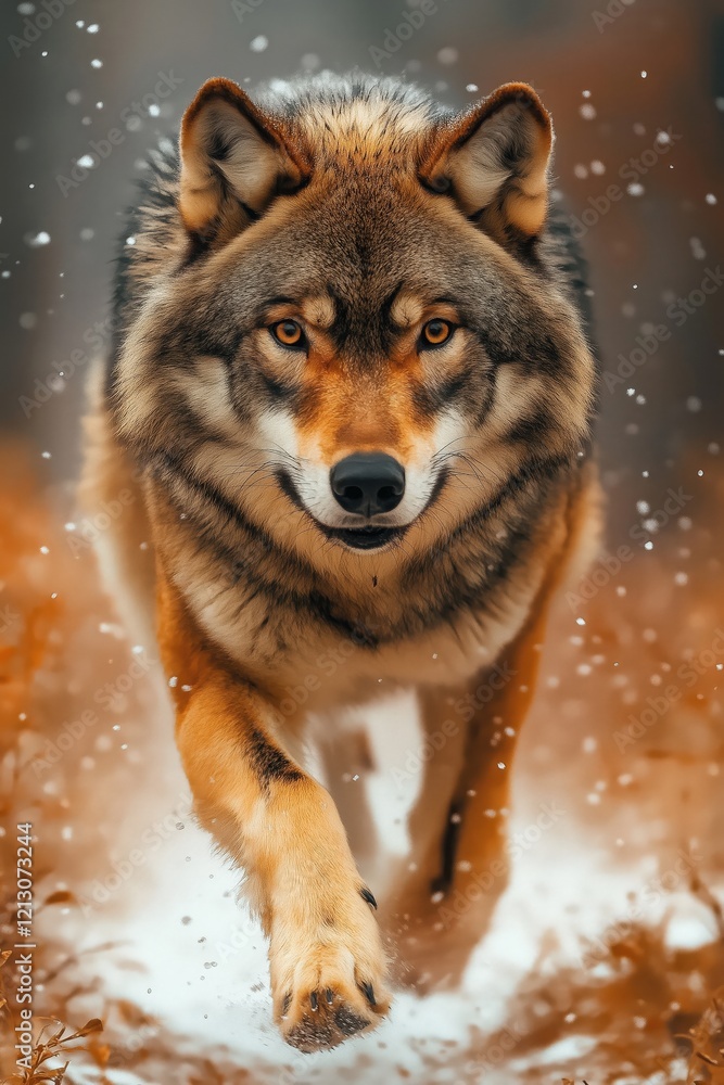 A dynamic wildlife photograph of a wolf , droplets of dew flying through the air, with focus on the wolf and blurred motion in the background, photorealistic. A dynamic wildlife photograph of a wolf , droplets of dew flying through the air, with focus on the wolf and blurred motion in the background, photorealistic.