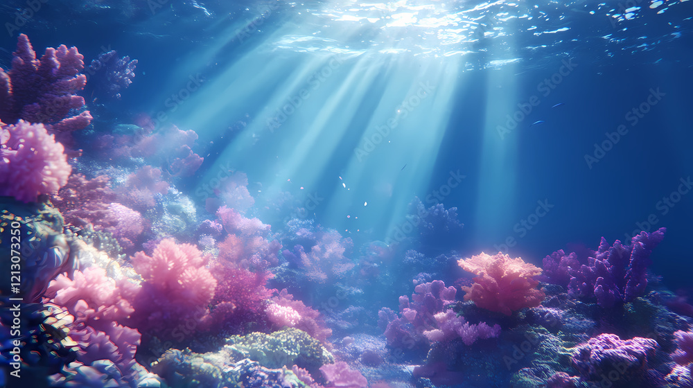 Underwater coral reef scene with light beam ocean background. Radiant Reef. Illustration Underwater coral reef scene with light beam ocean background. Radiant Reef. Illustration