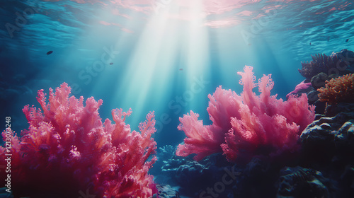 Fototapeta Naklejka Na Ścianę i Meble -  Underwater coral reef scene with light beam ocean background. Radiant Reef. Illustration