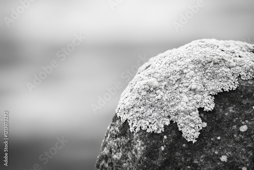 A grayscale close-up showcases a rock adorned with a textured, crustose lichen. photo