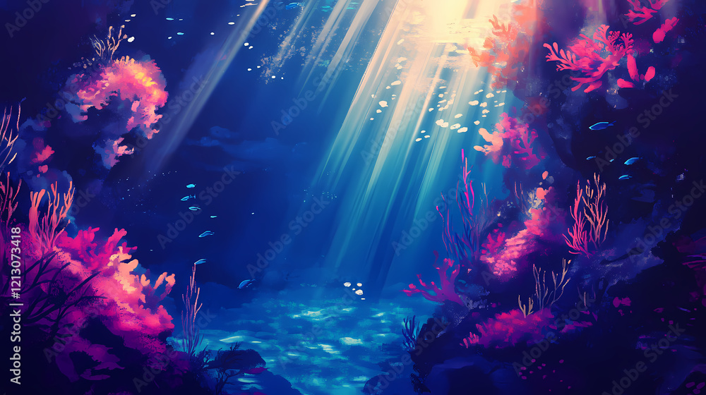 Obraz premium Underwater coral reef with sunlight streaming through water. Radiant Reef. Illustration