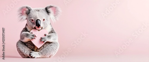 Koala holding pink heart on pastel background, horizontal, ideal for Valentine's Day, wildlife conservation, animal protection and cute lifestyle content
 photo