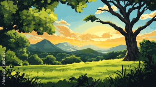 Serene Sunset Landscape Over Lush Green Mountains