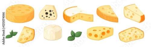 A delightful assortment of cheeses displayed in various cuts and forms, highlighting their textures and flavors, appealing to culinary enthusiasts and cheese lovers. photo