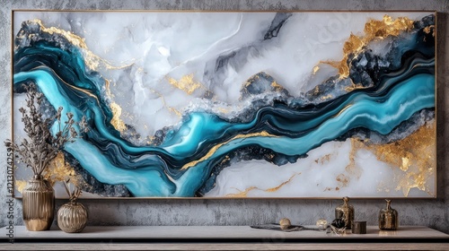 Abstract Teal, Gold, and White Marble Wall Art