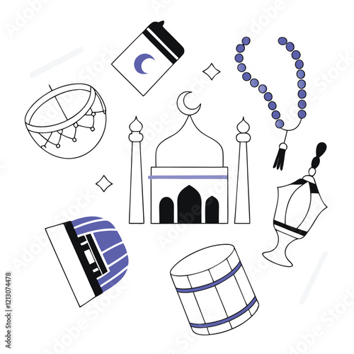 Vibrant Ramadan Kareem Doodle Illustrations: Colorful Islamic Festive Designs eid art star date food