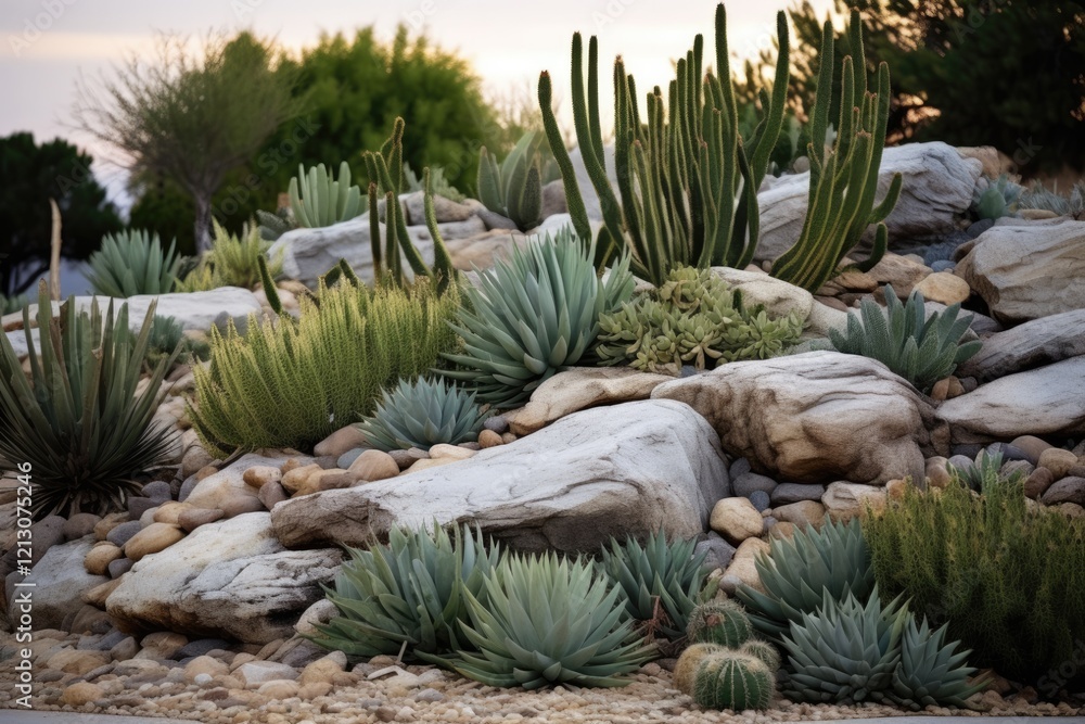 Fototapeta premium Xeriscaping with Agave and Rock. Green Accent for Drought Tolerant desert landscaping with Boulder, Rock, and Gravel
