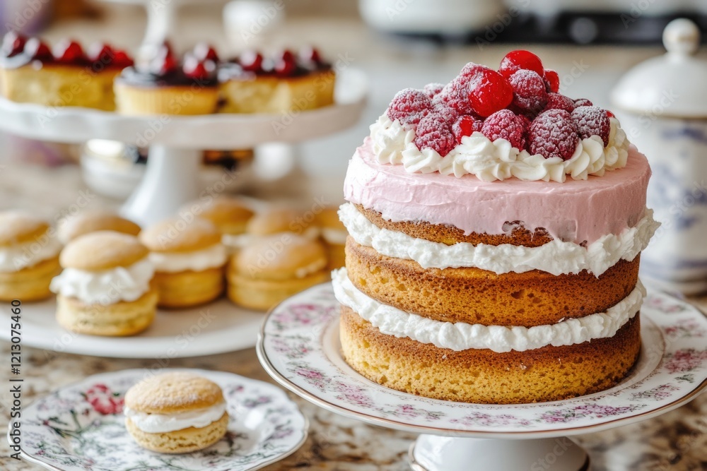 This image features a beautifully decorated three-layer cake topped with fresh raspberries, accompanied by an assortment of delightful pastries and desserts. This image features a beautifully decorated three-layer cake topped with fresh raspberries, accompanied by an assortment of delightful pastries and desserts.