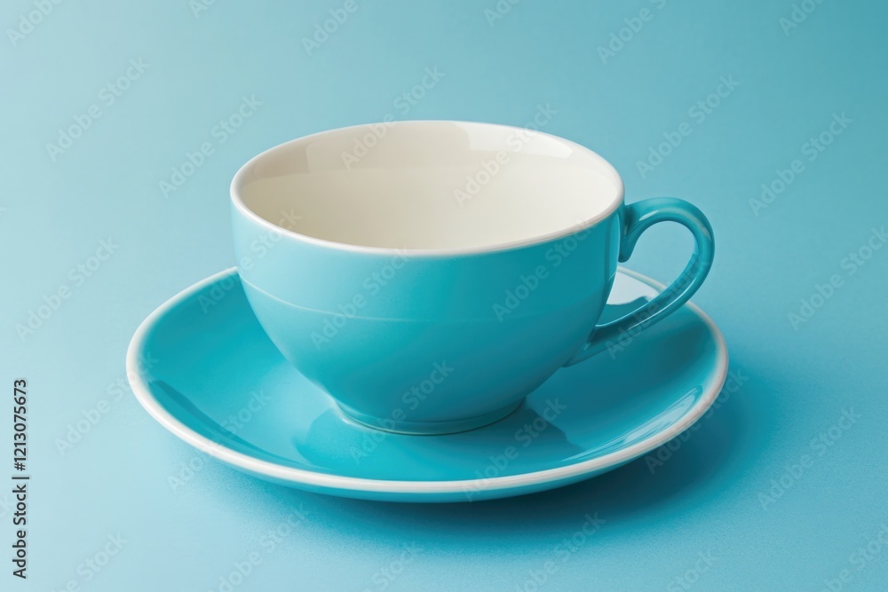 A chic turquoise tea cup with a delicate saucer, set against a serene blue background, evoking feelings of calmness and tranquility for daily tea moments. A chic turquoise tea cup with a delicate saucer, set against a serene blue background, evoking feelings of calmness and tranquility for daily tea moments.