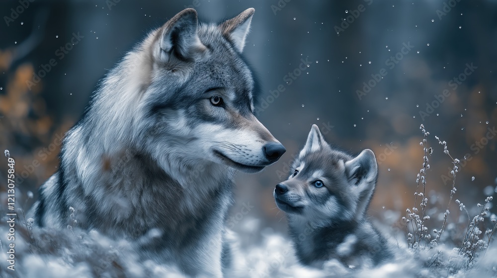 Naklejka premium A dynamic wildlife photograph of a wolf , droplets of dew flying through the air, with focus on the wolf and blurred motion in the background, photorealistic.