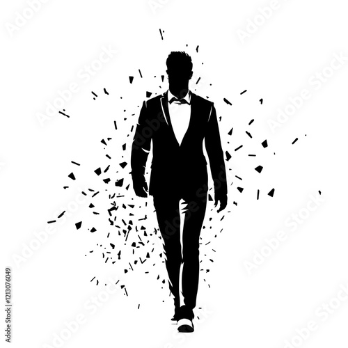 Businessman walking forward, clip art, isolated vector silhouette with dispersion effect. Isolated business people