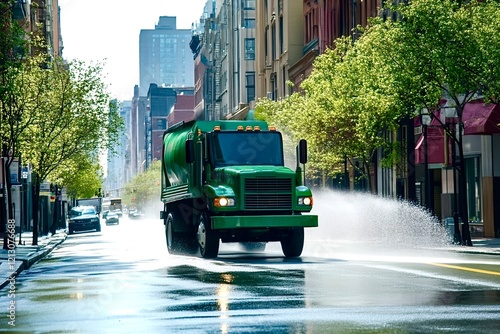 Street sweeper truck cleaning city street on a sunny day photo