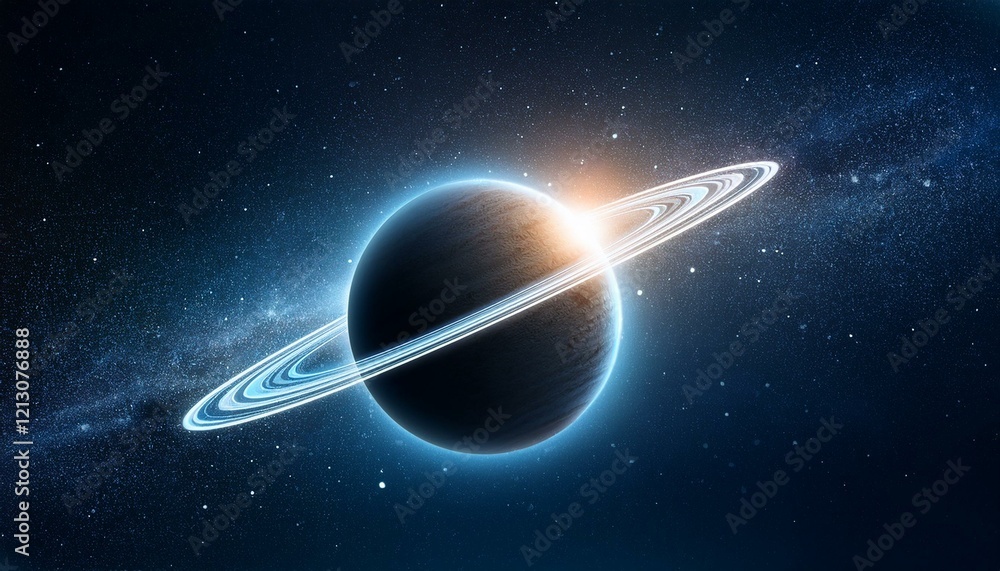 Obraz premium 깊은 우주 속에서 빛나는 고리 형태의 행성, 행성 주위에 떠다니는 작은 별들이 강조된 장면