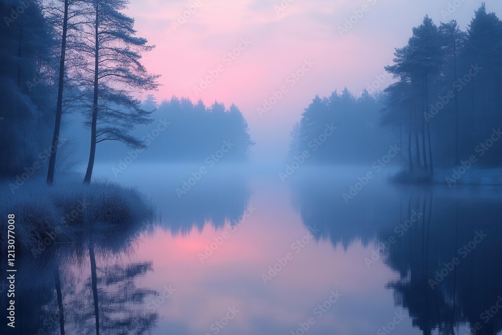 Fototapeta premium foggy lake at dawn enveloped in a mysterious atmosphere where soft pastels meet the still water creating a dreamlike landscape that invites contemplation and tranquility