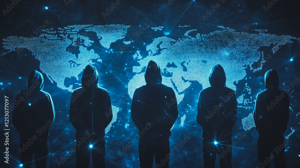 Obraz premium Hacker are planning to hack and attack networks and cyber security systems.team people innovation connection of line from nail node to node on map background , networking concept