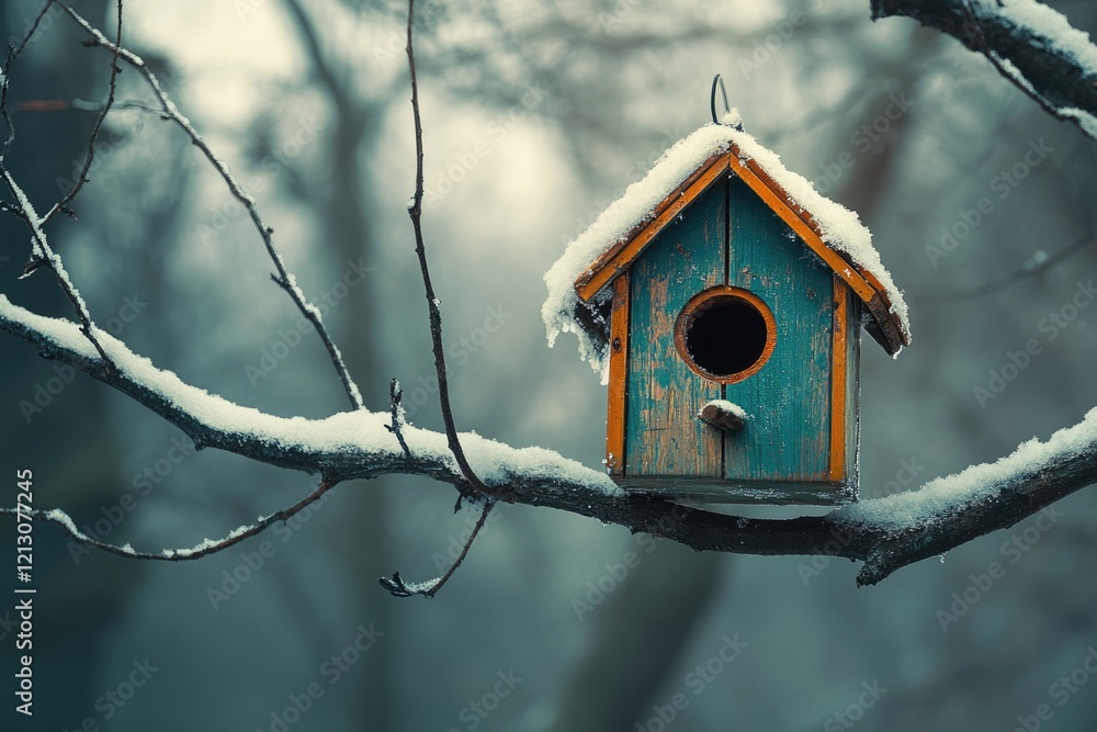 A snow-covered birdhouse hangs from a wintry branch, a serene winter scene. A snow-covered birdhouse hangs from a wintry branch, a serene winter scene.